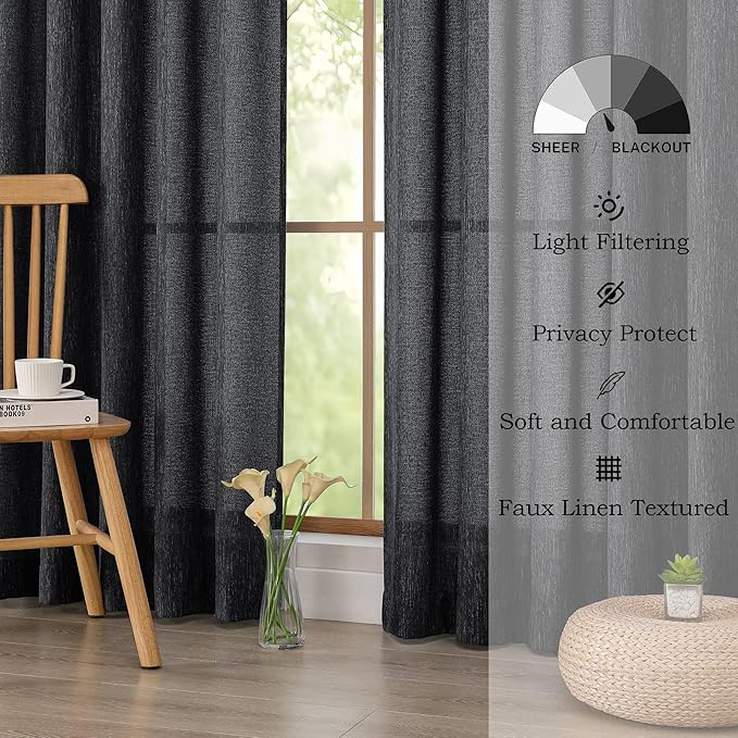 Simplebrand Black Faux Linen Textured Curtains 63 Inch Length 2 Panels for Bedroom, Semi Sheer Light Filtering Privacy Farmhouse Curtains, Soft Thick Rod Pocket Window Drapes, 40W x 63L Inch