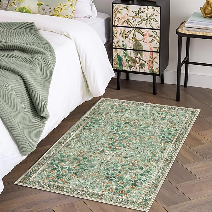 MUJOO 2x3 Washable Rug,Green Floral Small Area Rugs for Bathroom Entryway Entry Bedroom Bedside,Boho Front Door Mat Indoor Entrance Throw Carpet Botanical Vintage Non Slip Ultra-Thin