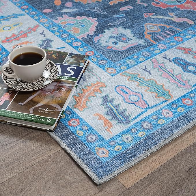 Fame Rugs Blue Modern Oushak Rug 3x5, Washable Vintage Turkish Colorful Oriental Antique Inspired Foldable Small Area Rugs, Luxury Living Room Bedroom (387BNB, 2'6" x 5')