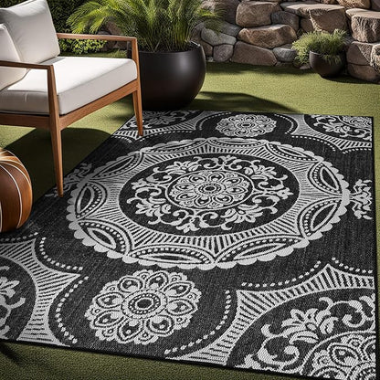 Medallion Outdoor Rug 8x10 Washable Outside Carpet for Indoor Patio Porch Waterproof Easy Cleaning Non Shedding Area Rugs Black 8 x 10