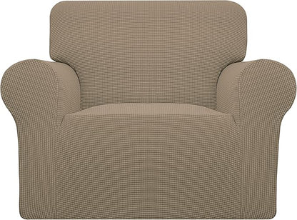 Easy-Going Stretch Chair Sofa Slipcover 1-Piece Couch Sofa Cover Furniture Protector Soft with Elastic Bottom for Kids, Pet. Spandex Jacquard Fabric Small Checks (Chair, Natural)