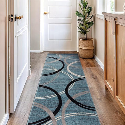 Rugshop Modern Wavy Circles Design Runner Rug, Non-Shedding Carpet for Hallway, Kitchen, or Entryway, Blue, 2'7" x 12'