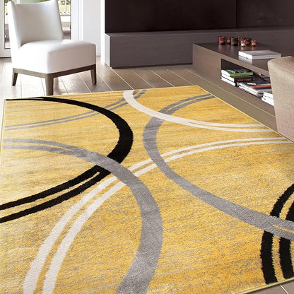 Rugshop Wavy Circles Design Area Rug, Non-Shedding Carpet for Living Room, Bedroom, or Office, Yellow, 6'6" x 9'