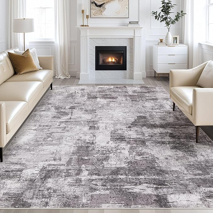 Abstract Living Room Rug 10x14 - Modern Washable Soft Thin Area Rug for Living Room Bedroom Under Dining Table - Neutral Indoor Floor Rug Carpets for Home Office Playroom Nursery - Grey