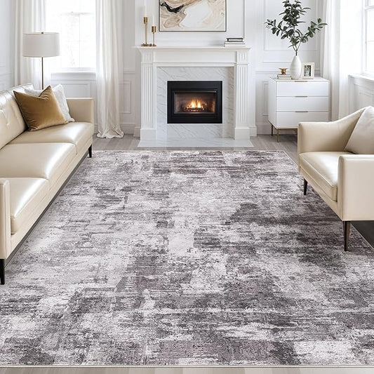 Abstract Living Room Rug 8x10 - Modern Washable Soft Thin Area Rug for Living Room Bedroom Under Dining Table - Neutral Indoor Floor Rug Carpets for Home Office Playroom Nursery - Grey