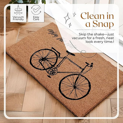 Coir Door Mats 17" X 30", Non-Slip Sturdy, PVC Backed Heavy Duty, Easy to Clean, Ideal for Door Entrance, Patio, Porch, Backyard, Garages, Enjoy The Ride Vintage Bicycle