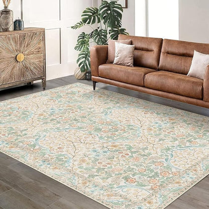 MUJOO Floral 5x7 Area Rugs,Washable Rug for Living Room Bedroom Office Dining Room,Large Throw Carpet,Boho Non Slip Indoor Floor Big Soft Neutral Vintage Ultra-Thin Light Green and Beige
