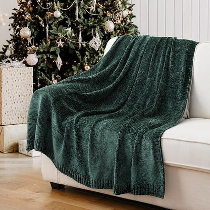 BATTILO HOME Christmas Green Throw Blanket for Couch, Chenille Knitted Blanket for Home Decor, Super Soft Warm Blanket for Bed Sofa Living Room, 51"x67"
