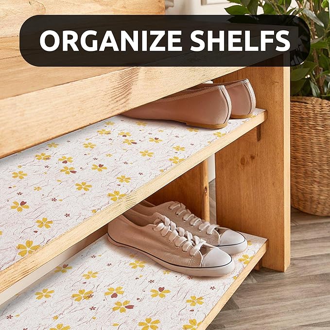 RAY STAR 18X96 Inch Shelf Liner for Kitchen Cabinets, Non-Adhesive Cabinet Liner Washable, PVC Drawer Liner for Dresser Non-Slip Bathroom (Yellow-Floral)(5 Roll)