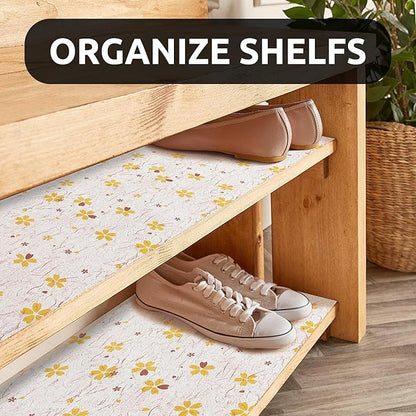 RAY STAR 18X96 Inch Shelf Liner for Kitchen Cabinets, Non-Adhesive Cabinet Liner Washable, PVC Drawer Liner for Dresser Non-Slip Bathroom (Yellow-Floral)(5 Roll)