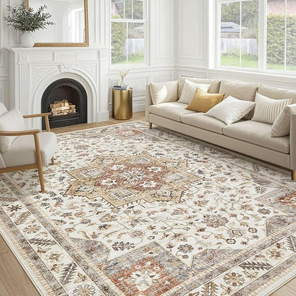 Vintage Living Room Area Rug 10x14 - Large Soft Washable Oriental Traditional Distressed Farmhouse Rugs for Bedroom - Indoor Floor Accent Carpet for Home Office House Decor - Golden Taupe