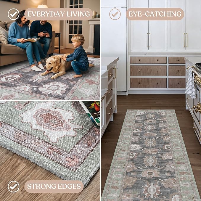 Fame Living Green Oushak Rug, Modern, Vintage, Turkish, Eclectic, Floral, Pastel, Washable, Area Rugs for Living Room, Dining, Bedroom, Nursery, Girls, Boys, 5'9"x8'9"
