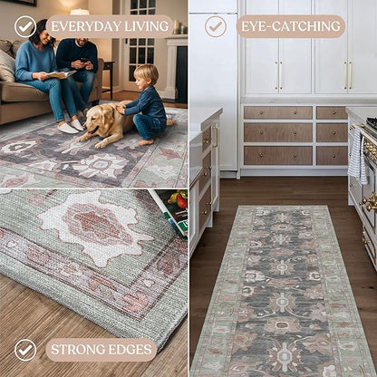 Fame Living Green Oushak Rug, Modern, Vintage, Turkish, Eclectic, Floral, Pastel, Washable, Area Rugs for Living Room, Dining, Bedroom, Nursery, Girls, Boys, 5'9"x8'9"
