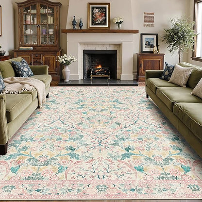 MUJOO Pink Washable Rugs 8x10,Floral Area Rug for Living Room Dining Room Bedroom,Large Throw Carpet,Boho Non Slip Indoor Floor Big Soft Botanical Vintage Ultra-Thin