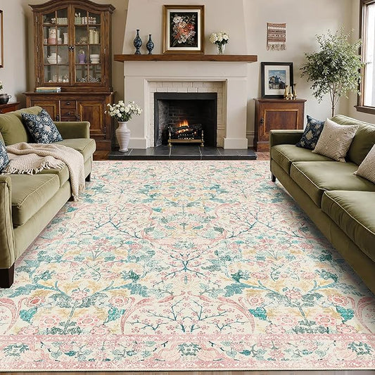 MUJOO Pink Washable Rugs 8x10,Floral Area Rug for Living Room Dining Room Bedroom,Large Throw Carpet,Boho Non Slip Indoor Floor Big Soft Botanical Vintage Ultra-Thin