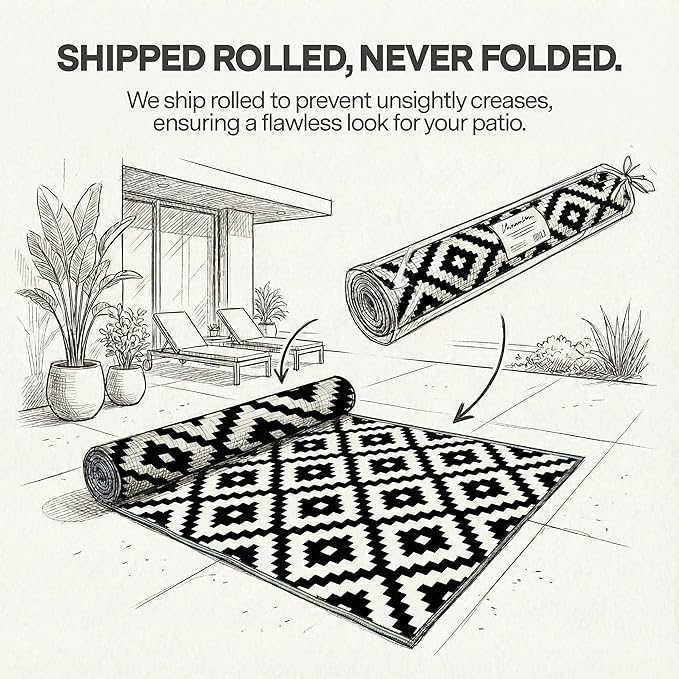 FH Home Outdoor Rug - Waterproof, Fade Resistant, Reversible - Premium Recycled Plastic - Geometric - Porch, Deck, Balcony, Mudroom, Laundry Room, Patio - Aztec - Black & White Crease Free - 3 x 5 ft