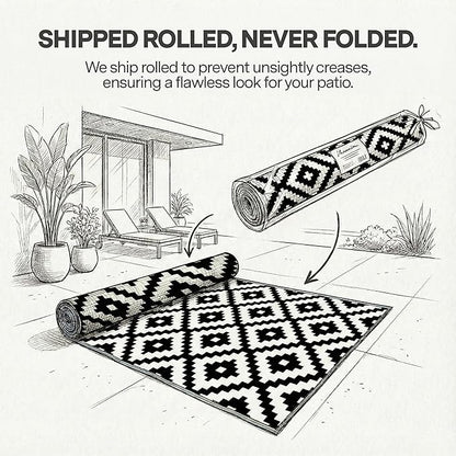 FH Home Outdoor Rug - Waterproof, Fade Resistant, Reversible - Premium Recycled Plastic - Geometric - Patio, Porch, Deck, Balcony - Aztec - Black & White Crease Free - 5 x 8 ft