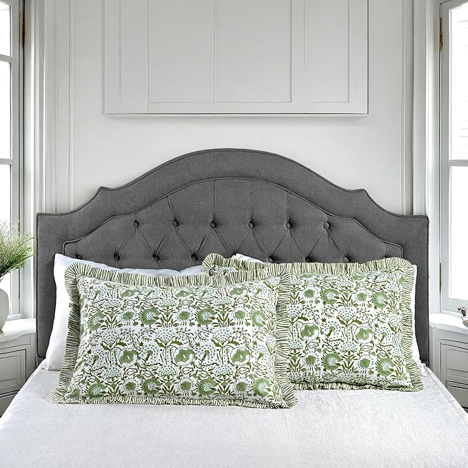 CPC Agate Green 100% Cotton Block Print Ruffle Sham Cover 20X30 inch Pack of 2, Handmade Boho Floral Pillowcase, Soft Decorative Queen Bed Pillow Cover for Bedroom Décor
