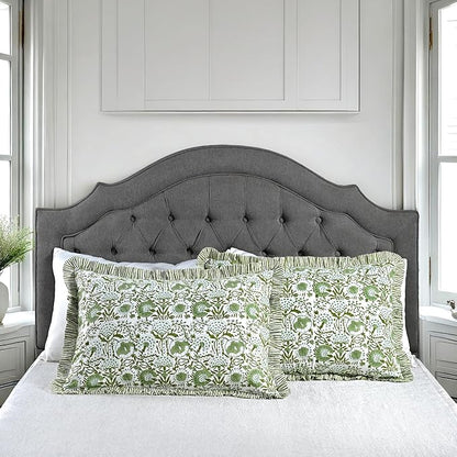 CPC Agate Green 100% Cotton Block Print Ruffle Sham Cover 20X30 inch Pack of 2, Handmade Boho Floral Pillowcase, Soft Decorative Queen Bed Pillow Cover for Bedroom Décor