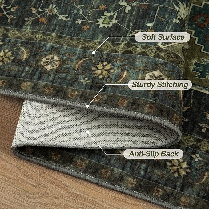 Tangsoo 2.6x10 Washable Hallway Runner Rug, Non Slip Vintage Runner Rug for Hallways, Soft Low Pile Long Rug Runner, Print Distressed Carpet Runners for Kitchen Bedroom Entryway Living Room Green