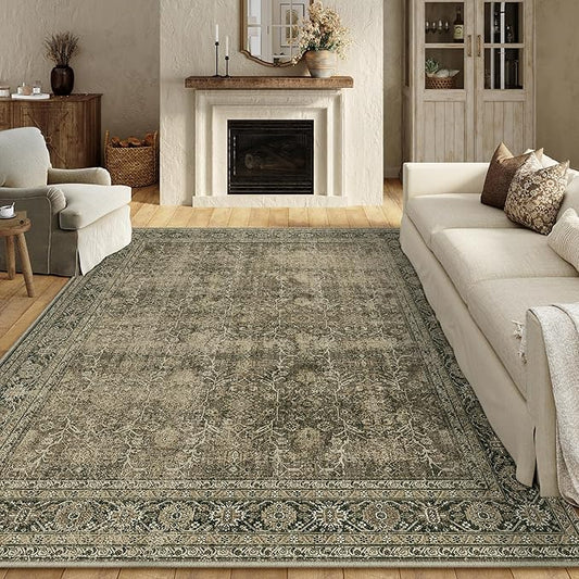 Vintage Area Rug 8x10 Light Brown Washable Living Room Bedroom Indoor Carpet Tribal Distressed Retro Accent Throw Rug for Office Dining Room Bathroom Faux Wool