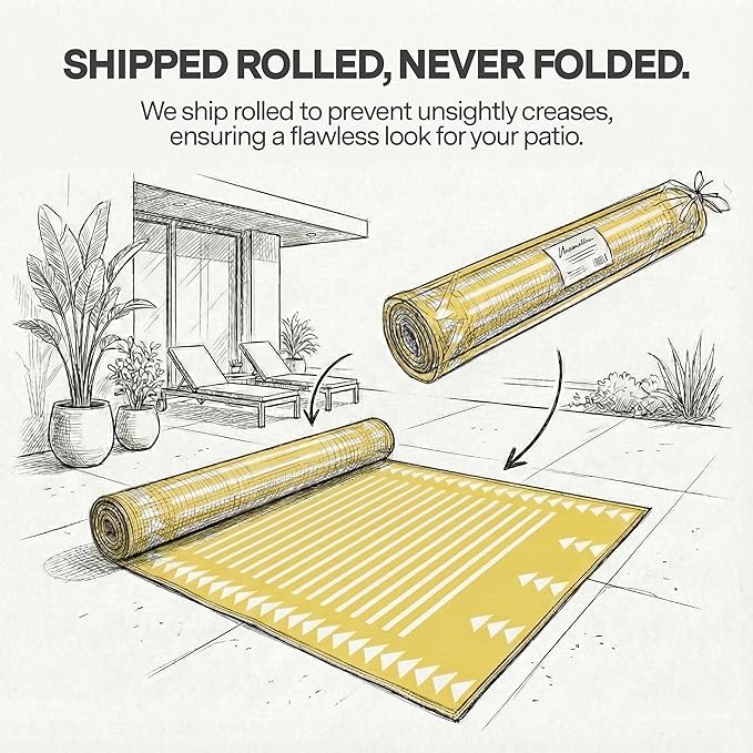 FH Home Outdoor Rug - Waterproof, Fade Resistant, Crease-Free - Premium Recycled Plastic - Geometric - Patio, Porch, Deck, Balcony - Hampton Stripe - Yellow Crease Free - 5 x 8 ft