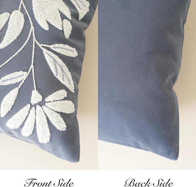 BlissBlush Blue Velvet Decorative Throw Pillow Cover 20X20, Flower Tufted Soft Farmhouse Textured Pillowcase, Accent Pillowcase for Couch Sofa Bed Living Room
