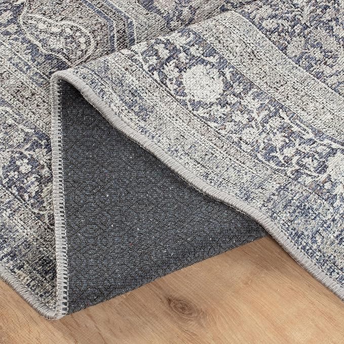 Bloom Rugs Washable Non-Slip 7 ft Runner - Blue/Steel Gray/Beige Traditional Medallion Runner for Entryway, Hallway, Bathroom, and Kitchen - Exact Size: 2.5' x 7'
