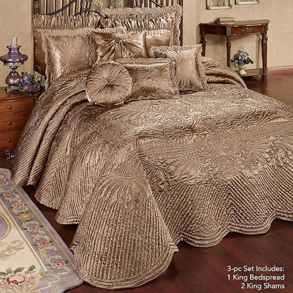 Touch of Class Portia Luxury Bedding | Rich Smoky Topaz | Premier Quilted Polyester Satin | Romantic Hand Guided Machine Quilted Scroll Design 3 Piece Set: King Oversized Bedspread & 2 King Shams