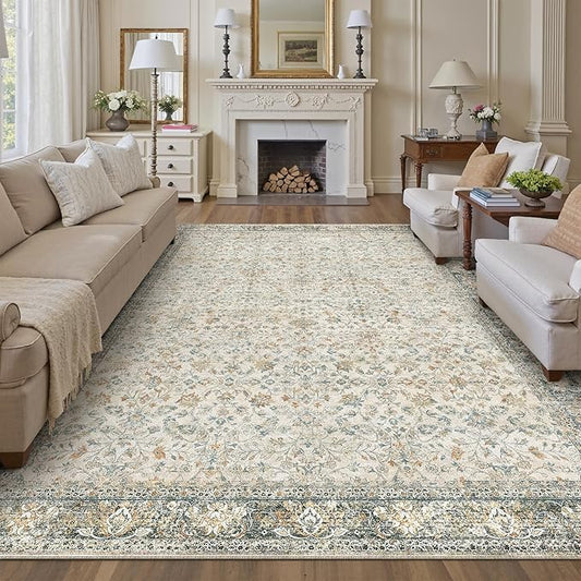 Beige Area Rug 8x10 Living Room Machine Washable Vintage Carpet Non Slip Indoor Retro Traditional Accent Throw Large Rug for Office Bedroom Dining Room Playroom