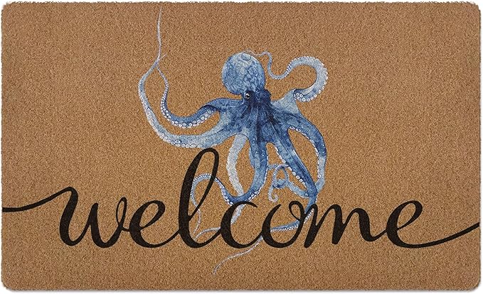 Coastal Octopus Door Mat, Beach Doormat, Coastal Ocean Beach Welcome Front Door Mat Indoor Outdoor Entrance, Ocean Artificial Coir Doormats Rugs for Porch Patio Entryway Home Decor 30x17in