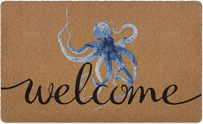 Coastal Octopus Door Mat, Beach Doormat, Coastal Ocean Beach Welcome Front Door Mat Indoor Outdoor Entrance, Ocean Artificial Coir Doormats Rugs for Porch Patio Entryway Home Decor 30x17in