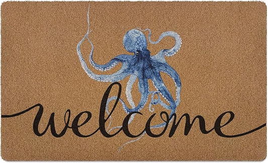 Coastal Octopus Door Mat, Beach Doormat, Coastal Ocean Beach Welcome Front Door Mat Indoor Outdoor Entrance, Ocean Artificial Coir Doormats Rugs for Porch Patio Entryway Home Decor 30x17in