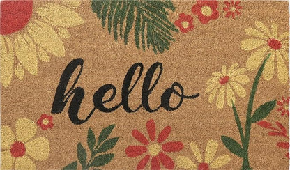 Coir Door Mats 17" X 30", Non-Slip Sturdy, PVC Backed Heavy Duty, Easy to Clean, Ideal for Door Entrance, Patio, Porch, Backyard, Garages, Vibrance of Flora - Hello