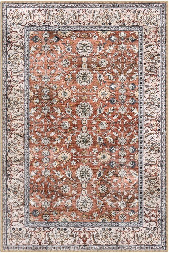 KUTA Vintage Floral Terracotta Entryway Rug 2x3, Kitchen Rugs Non-Slip Washable Throw Rug, Ultra Thin Soft Print Front Door Mat Indoor Doormat for Entrance, Bedside, or Small Spaces