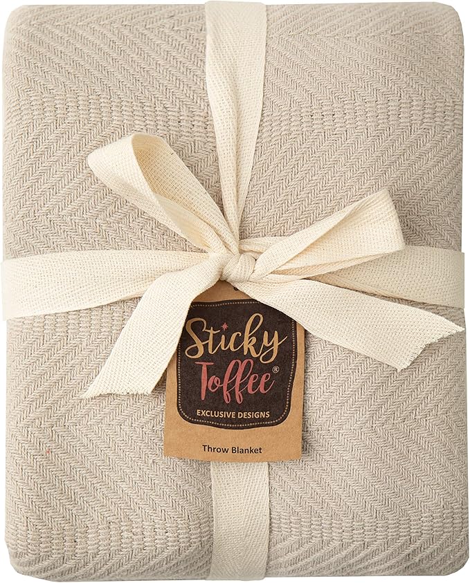 Sticky Toffee Cotton Throw Blanket, 60 x 50 Inch, Tan Beige Herringbone Weave, Soft Lightweight Woven Blanket for Couch, Boho Farmhouse Style