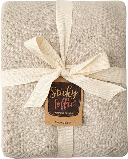 Sticky Toffee Cotton Throw Blanket, 60 x 50 Inch, Tan Beige Herringbone Weave, Soft Lightweight Woven Blanket for Couch, Boho Farmhouse Style
