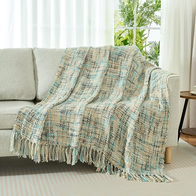 Multi-Color Blue Grey Cable Knitted Throw Blanket for Couch,50"X60" Boho Style Textured Blankets for Home Decor,Super Soft Warm Cozy Chunky Knit Blanket with Decorative Tassels for Bed