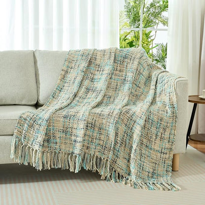 Multi-Color Blue Grey Cable Knitted Throw Blanket for Couch,60"X80" Boho Style Textured Blankets for Home Decor,Super Soft Warm Cozy Chunky Knit Blanket with Decorative Tassels for Bed