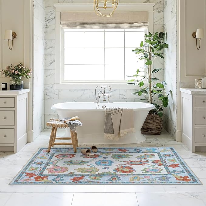 Fame Living Colorful Oushak Rug, Modern, Vintage, Turkish, Eclectic, Floral, Pastel, Washable, Area Rugs for Living Room, Dining, Bedroom, Office, Entryway, Foyer, Playroom, Nursery, 5'x6'9"