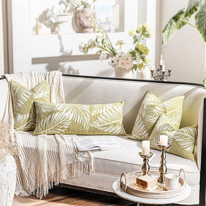 BlissBlush Green Boho Lumbar Throw Pillow Cover 14X36, Decorative Long Accent Body Lumbar Pillow for Bed, Farmhouse Woven Textured Lumbar Pillowcase for Couch (Cover ONLY)