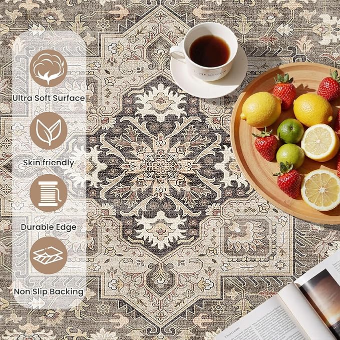 Vintage Living Room Area Rug 2x3 - Large Soft Washable Oriental Traditional Distressed Farmhouse Rugs for Bedroom - Indoor Floor Accent Carpet for Home Office House Decor - Brown