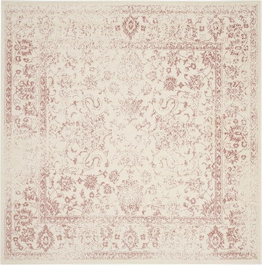 SAFAVIEH Adirondack Collection Area Rug - 4' Square, Ivory & Rose, Distressed Vintage Floral Design, Non-Shedding & Easy to Clean, Ideal for Living Room, Bedroom, Dining Space (ADR109H)