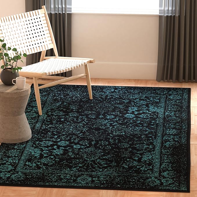 SAFAVIEH Adirondack Collection Area Rug - 5'1" x 7'6", Black & Teal, Distressed Vintage Floral Design, Non-Shedding & Easy to Clean, Ideal for Living Room, Bedroom, Dining Space (ADR109K)