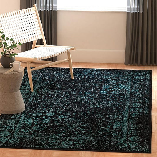 SAFAVIEH Area Rug 4x6 - Adirondack Collection - Black & Teal, Distressed Vintage Floral Design, Non-Shedding & Easy to Clean, Ideal for Living Room, Bedroom, Dining Space (ADR109K)