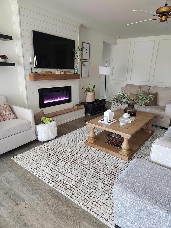 Hauteloom Keita Contemporary Mosaic Runner Rug - High Pile Fluffy Soft Shag Carpet for Hallway, Kitchen - Cream, Brown - 2'8" x 7'3" Runner