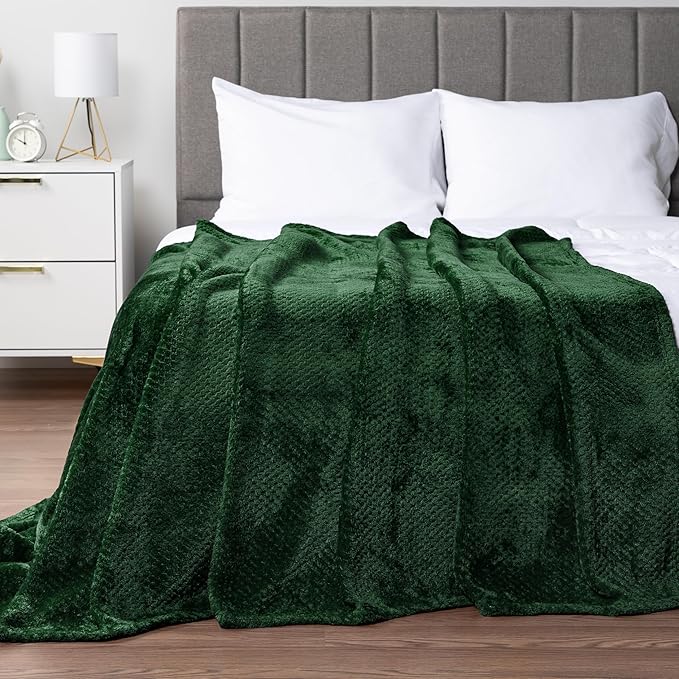 PAVILIA Emerald Green Throw Blanket for Couch Bed, Soft Fleece Throws for Sofa Chair, Fuzzy Waffle Textured Blanket, Cozy Warm Lightweight All Season Blanket Throw, 50x60