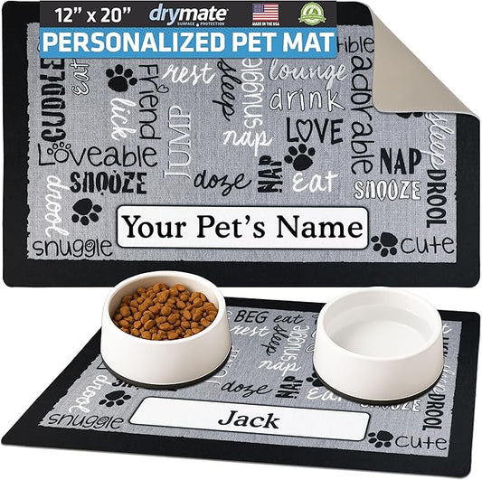 Drymate Personalized Pet Bowl Placemat, Custom Dog & Cat Food Feeding Mat - Absorbent Fabric, Waterproof Backing - Machine Washable/Durable (USA Made) (12" x 20") (Linen Black)