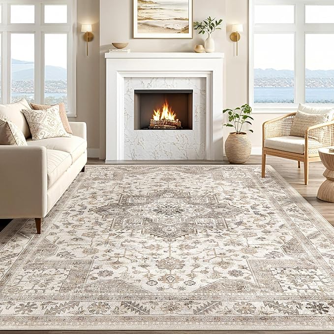 Vintage Living Room Area Rug 10x14 - Large Soft Washable Oriental Traditional Distressed Farmhouse Rugs for Bedroom - Indoor Floor Accent Carpet for Home Office House Decor - Light Brown