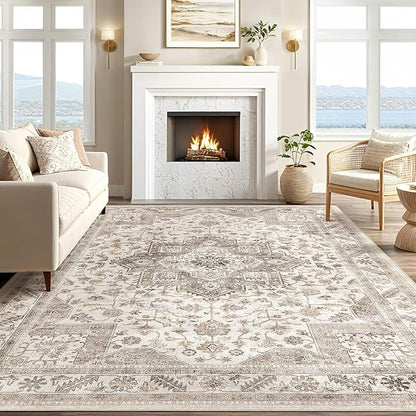 Vintage Living Room Area Rug 5x8 - Large Soft Washable Oriental Traditional Distressed Farmhouse Rugs for Bedroom - Indoor Floor Accent Carpet for Home Office House Decor - Light Brown